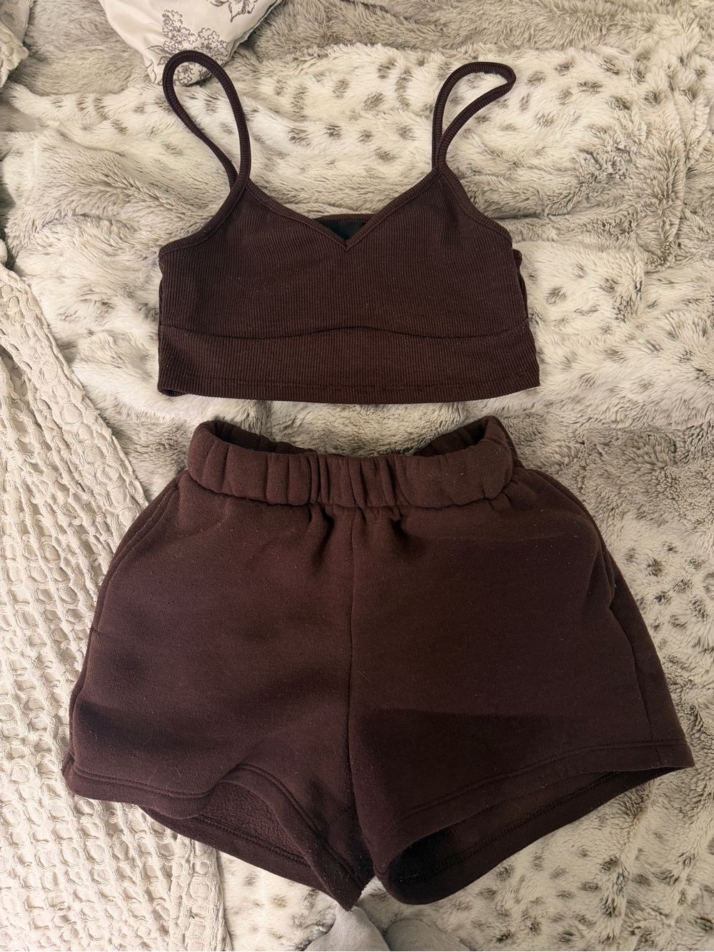 2 piece Set - Chocolate Brown Ribbed Bralette & Fleece Sweat Shorts Coquette